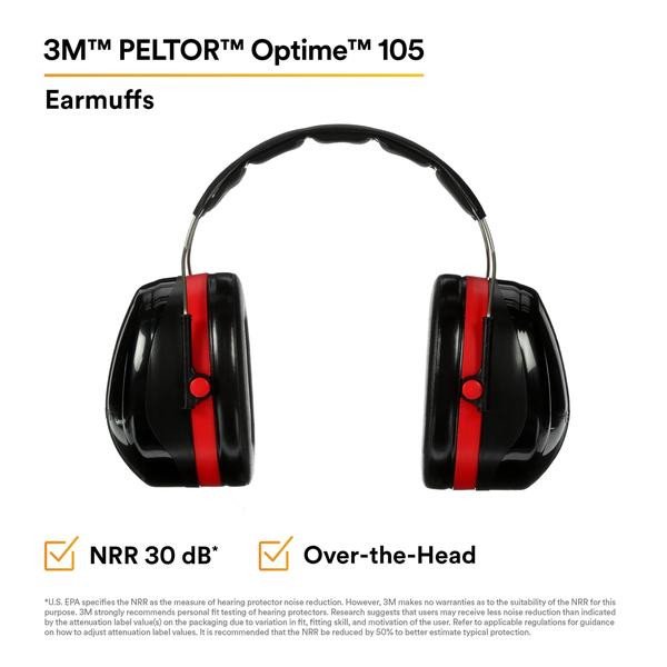 Imagem de 3M H10A Peltor Optime 105 Sobre a cabeça earmuff, protetores de ouvido, proteção auditiva, NRR 30 dB, Preto, Vermelho