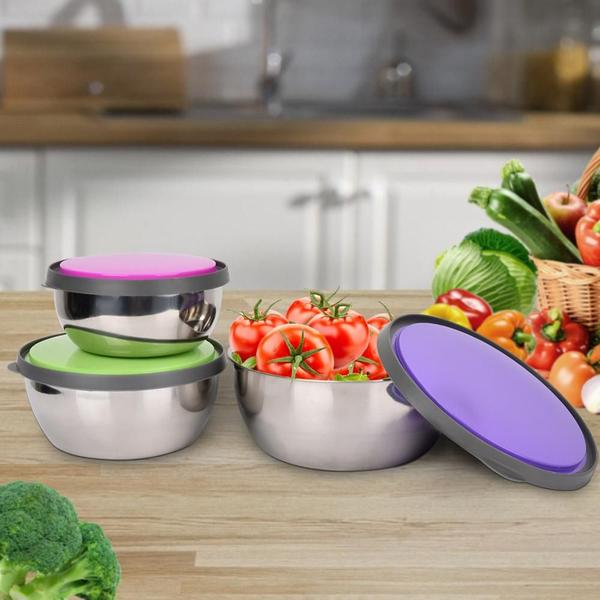 Imagem de 3Pcs Steel Steel Seal Bowl Fruit Storage Bowl Instant Noodle Bowl Com Tampa Reutilizável Estudante Lancheira Caixa de armazenamento de alimentos Tigelas