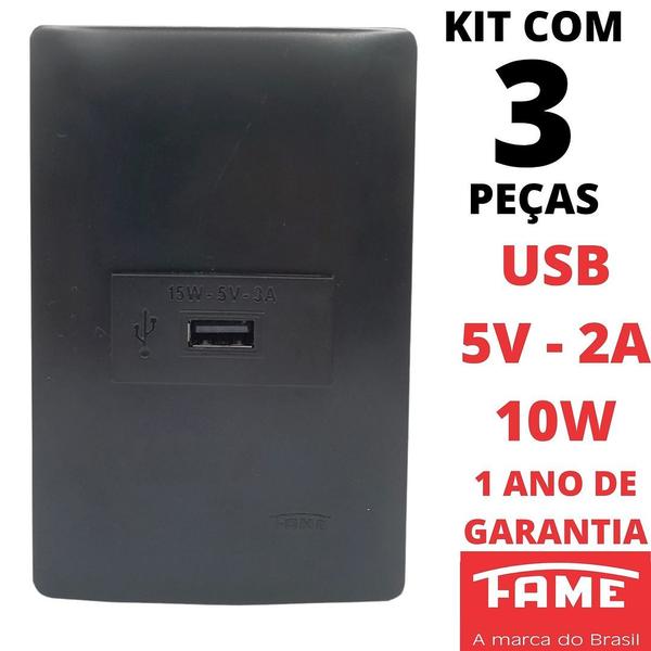 Imagem de 3un Tomada USB Bivolt 15W 5V 3A Com Placa Habitat Black FAME