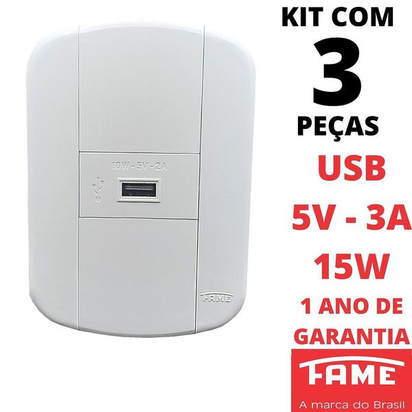 Imagem de 3un Tomada USB Bivolt 5V 3A 15W Com Placa Blanc Mais FAME