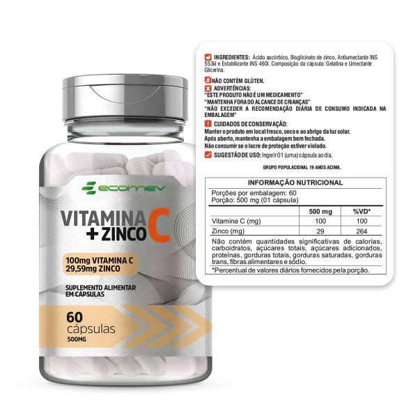 Imagem de 3Un Vitamina C + Zinco Quelado 500Mg Formula Pura 180Cáps Ecomev