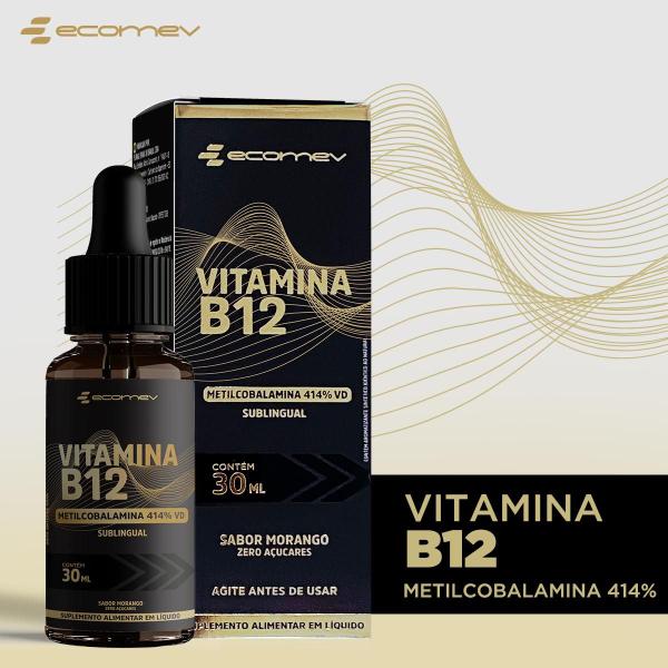 Imagem de 3x B12 Metil Forma Ativa Gotas Sublingual 414%VD 30ml Ecomev Sabor Morango