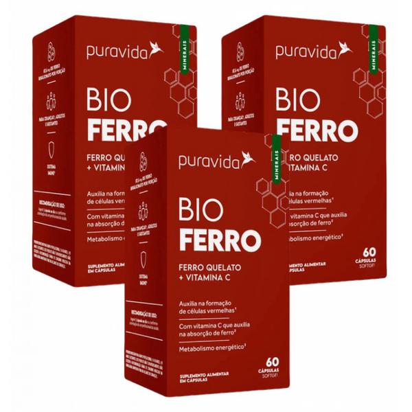 Imagem de 3x Bio Ferro Quelato + Vitamina C- 60 Caps.- Puravida