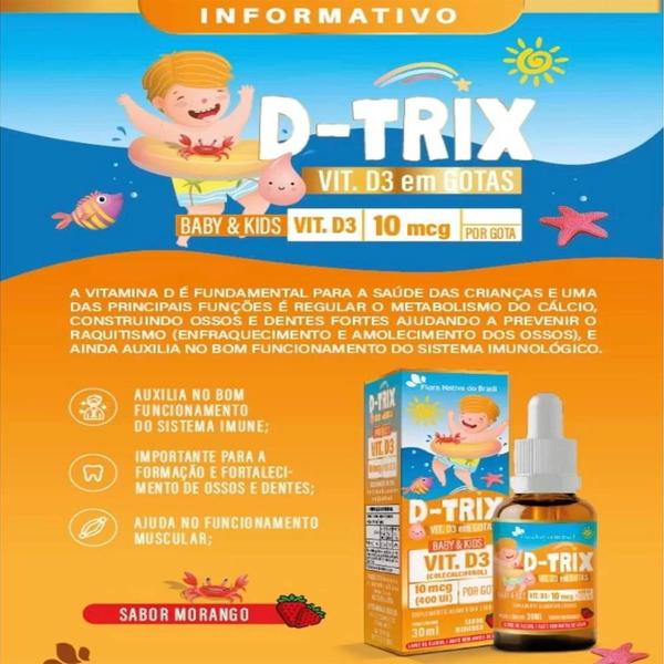 3x D-trix Vitamina D3 Em Gotas 30ml 10mcg Sabor Morango - Flora Nativa do Brasil Imagem de 3x D-trix Vitamina D3 Em Gotas 30ml 10mcg Sabor Morango - Flora Nativa do Brasil