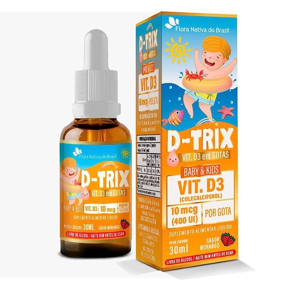 3x D-trix Vitamina D3 Em Gotas 30ml 10mcg Sabor Morango - Flora Nativa do Brasil Imagem de 3x D-trix Vitamina D3 Em Gotas 30ml 10mcg Sabor Morango - Flora Nativa do Brasil