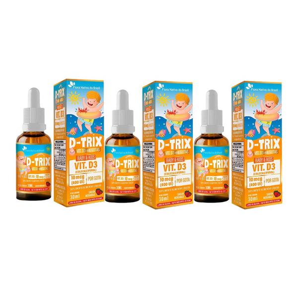 3x D-trix Vitamina D3 Em Gotas 30ml 10mcg Sabor Morango - Flora Nativa do Brasil Imagem de 3x D-trix Vitamina D3 Em Gotas 30ml 10mcg Sabor Morango - Flora Nativa do Brasil