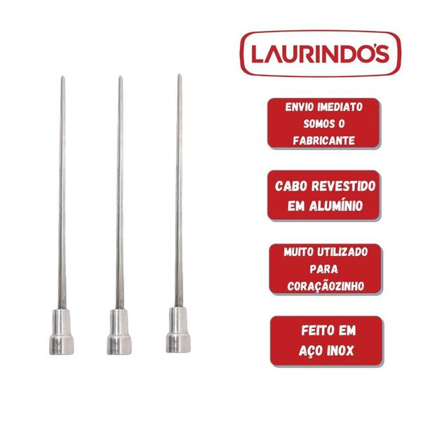 Imagem de 3x Espeto Mini Inox Lâmina 50cm Churrasco Coração Laurindos