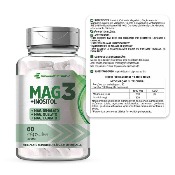 Imagem de 3x Mag3 Dimalato Quelato Taurato + Inositol Puro 500mg 180Cáps