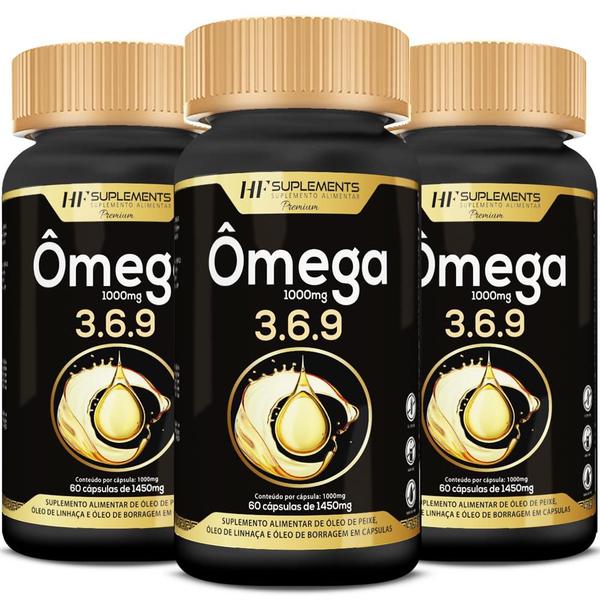 Imagem de 3x OMEGA 3 6 9 60CAPS PEIXE LINHAÇA BORRAGEM HF SUPLEMENTS