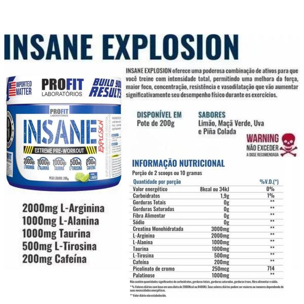 Imagem de 3x Pré-treino Insane Explosion 200g - Profit - Limão