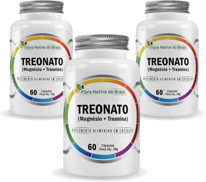 Imagem de 3x Treonato (Magnésio + Treonina) 600Mg 60 Caps Flora Nativa