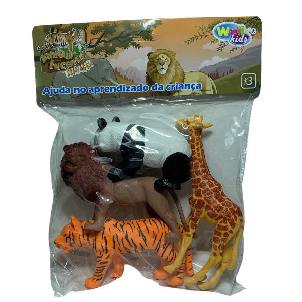 Imagem de 4 Animais Selvagens Savana Africana Zoológico Safari Panda Leão Tigre Girafa Brinquedo Borracha Dia das Crianças