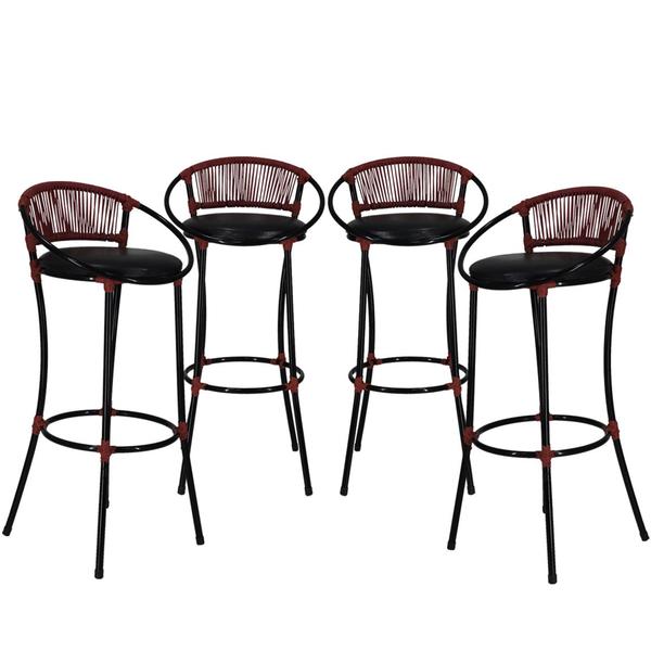 Imagem de 4 Banquetas Fio de Fibra Artesanal, Bar, Bancada, Lanchonete - Havaí - Preto Vermelho