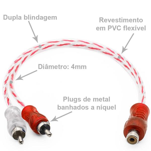 Imagem de 4 Cabo Y RCA Blindado 1 Femea 2 Macho Injetado Vermelho 4mm 