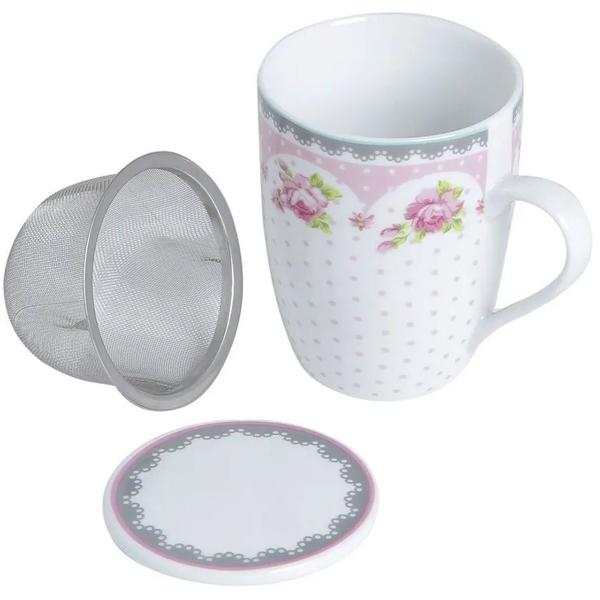 Imagem de 4 Canecas de Porcelana para Chá 310ml com Tampa e Filtro Inox Infusoor Lyor Rosa