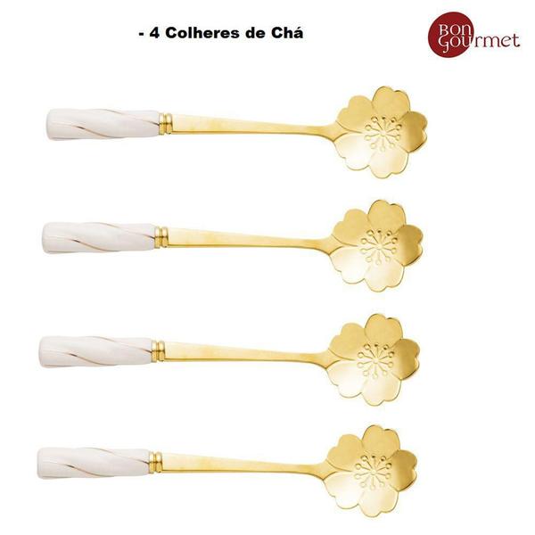 4 Colheres para Chá em Inox e Cerâmica Flores Dourado Branco - Wolff Imagem de 4 Colheres para Chá em Inox e Cerâmica Flores Dourado Branco - Wolff