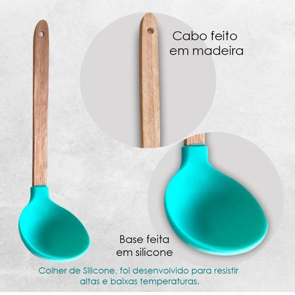 Imagem de 4 Conchas De Silicone Caldo Feijão Cabo Madeira P/Cozinha