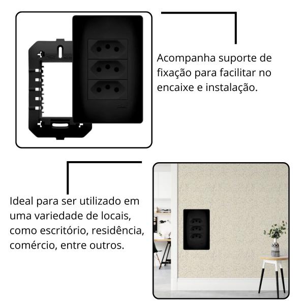 Imagem de 4 Conjunto 3 Tomadas Tripolar 3p 10a Preto Fosco Black Fame