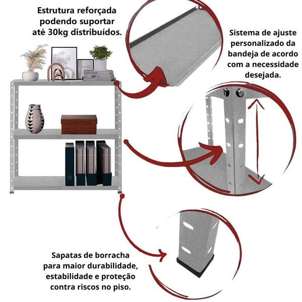 Imagem de 4 Estante Para Livros Sala Estoque Almoxarifado Escritório Loja 3 Bandejas De Aço Reforçadas 60cm Armário Multiuso