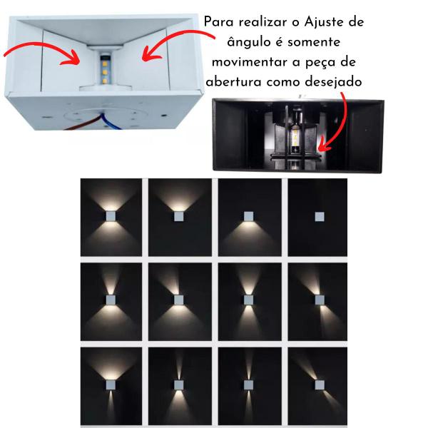 Imagem de 4 Luminárias Arandelas Quadradas 4W (Pretas) Branco Quente De Parede Com Facho De Luz Ajustável Regulável Direcionável