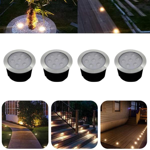 Imagem de 4 Luminárias Balizadores Spot Led SMD Em PVC De 7W Luz Branco Quente De Embutir Em Piso Chão Solo Gramado Jardim Escada