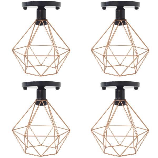 Imagem de 4 Lustres Teto Plafon Industrial Aramado Diamante Cobre Rose Retrô Luminária Vintage Preto Agp Ilumi