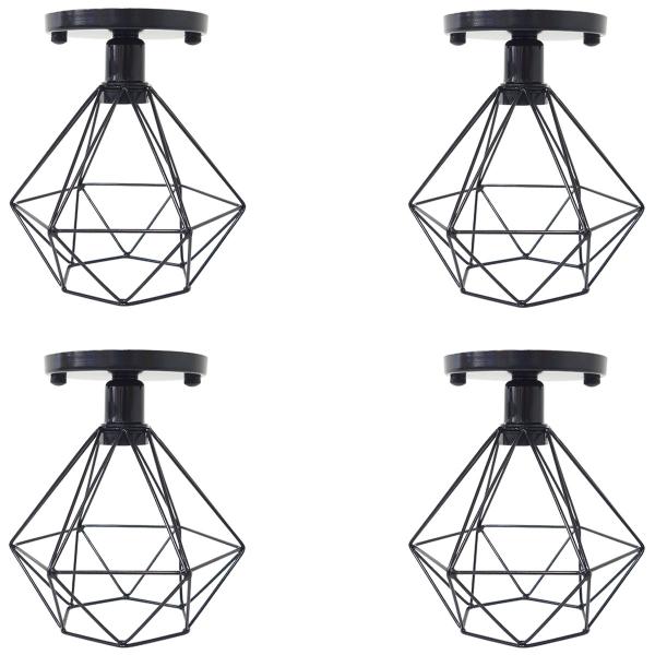 Imagem de 4 Lustres Teto Plafon Industrial Aramado Diamante Retrô Luminária Sobrepor Vintage Preto