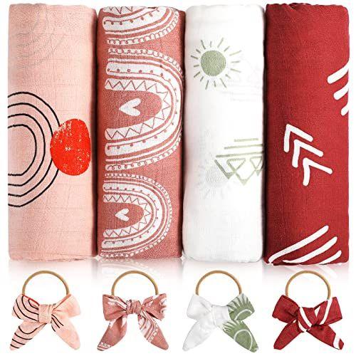 Imagem de 4 Pack Baby Muslin Swaddle Blanket com bandanas macias unisex bamboo algodão baby swaddle blanket para meninas recém-nascido boho arco-íris earthy cobertores de cor sólida, grande 47 x 47 polegadas