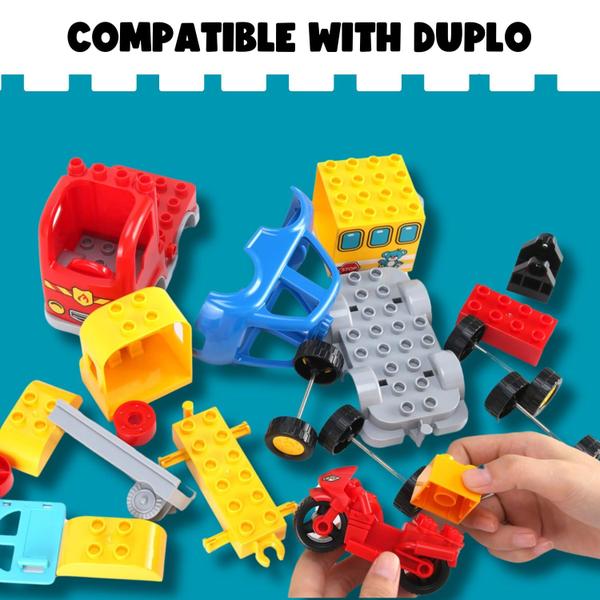 Imagem de 4-Pack Multi Vehicles Transportation Set - Grandes Blocos de Construção Compatível com Lego Duplo - Carro da Polícia, Caminhão de Bombeiros, Ônibus Escolar, Acessórios de Motocicleta Kids Brinquedos de Educação Infantil