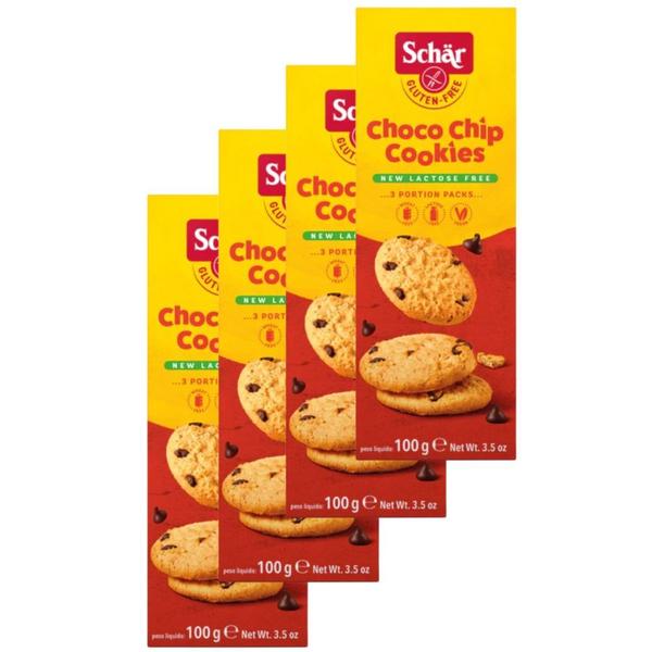 Imagem de 4 pacotes de Cookie Sem Glúten Sem Lactose com Gotas de Chocolate Choco Chip Schär 100g 