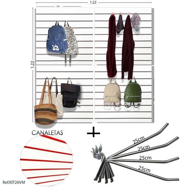 Imagem de 4 Paineis Canaletados - 0,61 X 0,61 + 50 Ganchos 25CM + Canaleta Vermelha