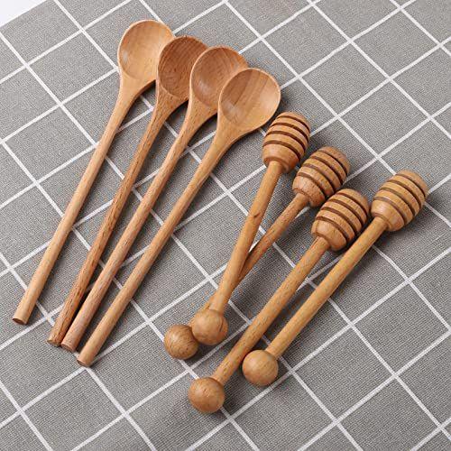 Imagem de 4 PCS 6 Polegadas Honey Dipper Sticks e 4 PCS 7,87 Polegadas Café Agitando Colheres, Beech Wooden Honey Spoon Stirrer para Mel Jarra De Mel E Presente de Festa de Casamento