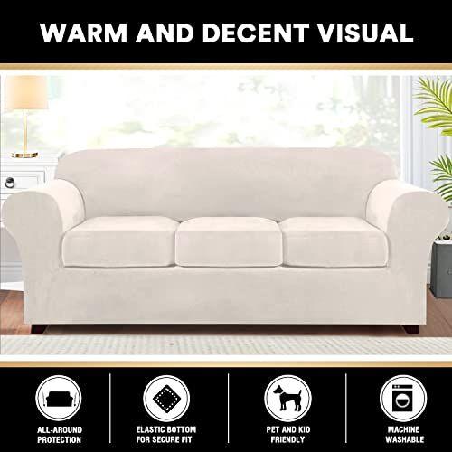 Imagem de 4 peças Sofá Cobre Capas de sofá de veludo para 3 almofadas Sofá Slipcovers Soft Sofa Slip Capas móveis com 3 capas individuais de almofada de assento, máquina lavável (grande, off white)