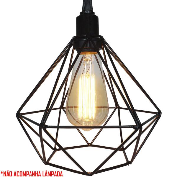 Imagem de 4 Pendente Aramado Diamante Luminárias Lustre Cabo Cristal Teto Retrô Preto Agp Ilumini