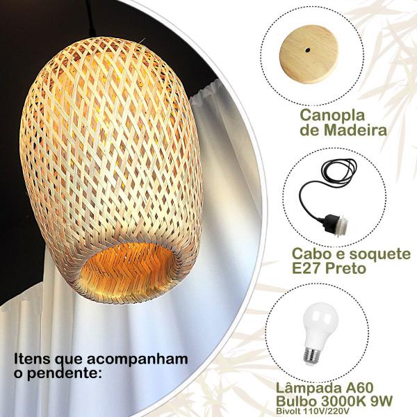 Imagem de 4 Pendente Fibra Natural Em Bambu Lanchonete Nat63 + Led