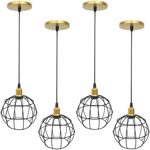 Imagem de 4 Pendentes Aramado Globo Preto Luminária Lustre Industrial Teto Vintage Dourado Agp Ilumini