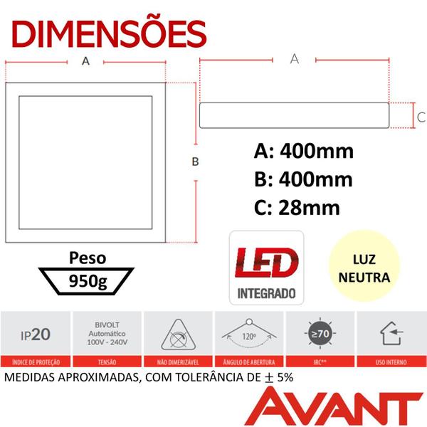 Imagem de 4 Plafon Led Quadrado 30w Sobrepor 40x40 Branco Neutro 4000k