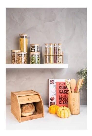 Imagem de 4 Porta Condimento Kit Hermético Bambu Vidro Borossilicato