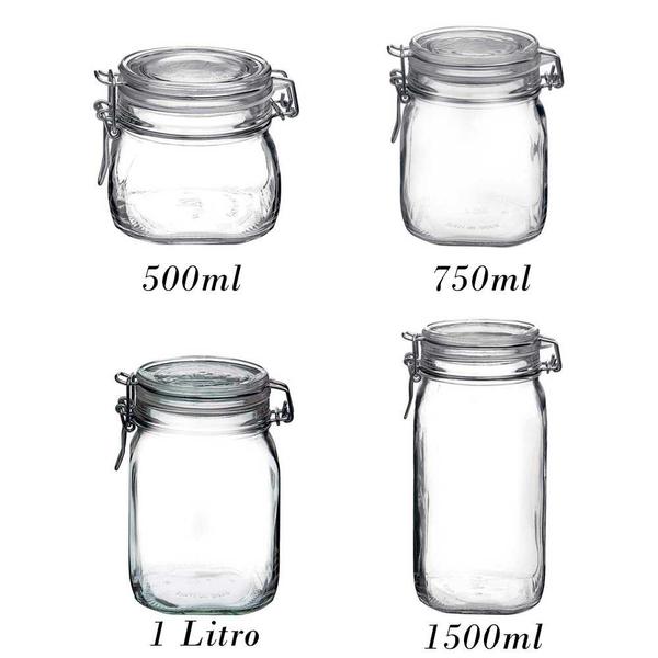 Imagem de 4 Potes de vidro Fido Rocco Bormioli com tampa hermética - 1 500ml + 1 750ml + 1 1000ml (1 Litro) + 1 1500ml (1,5 Litro)