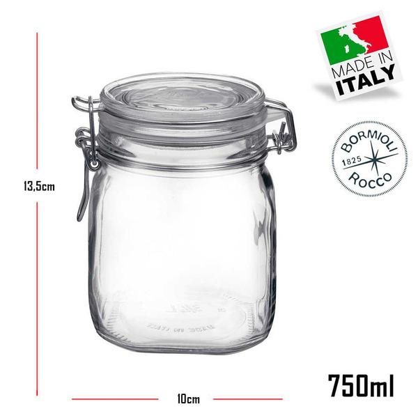 Imagem de 4 Potes de vidro Fido Rocco Bormioli com tampa hermética - 1 500ml + 1 750ml + 1 1000ml (1 Litro) + 1 1500ml (1,5 Litro)