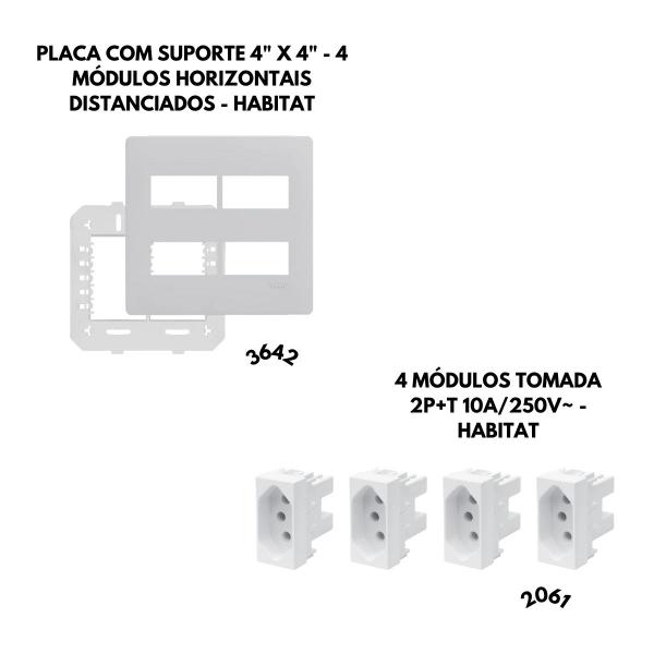 Imagem de 4 Tomadas Módulo 2P+T 10A + Placa 4x4 4 módulos Habitat - FAME