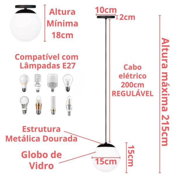 Imagem de 4 X Luminárias Lustre Pendente 215Cm Jabuticaba Globo Vidro