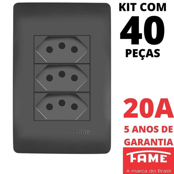 Imagem de 40un Tomada Padrão Tripla 2P+T 20A Com Placa Habitat Black FAME