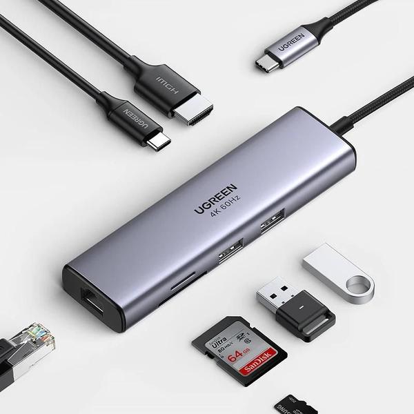 Imagem de 4K60Hz UGREEN USB C HUB 7 Em 1 Tipo C Para HDMI PD100W SD TF RJ45 USB3.0 5 Gbps Para MacBook Laptop