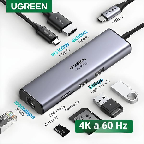 Imagem de 4K60Hz UGREEN USB C HUB 7 Em 1 Tipo C Para HDMI PD100W SD TF RJ45 USB3.0 5 Gbps Para MacBook Laptop