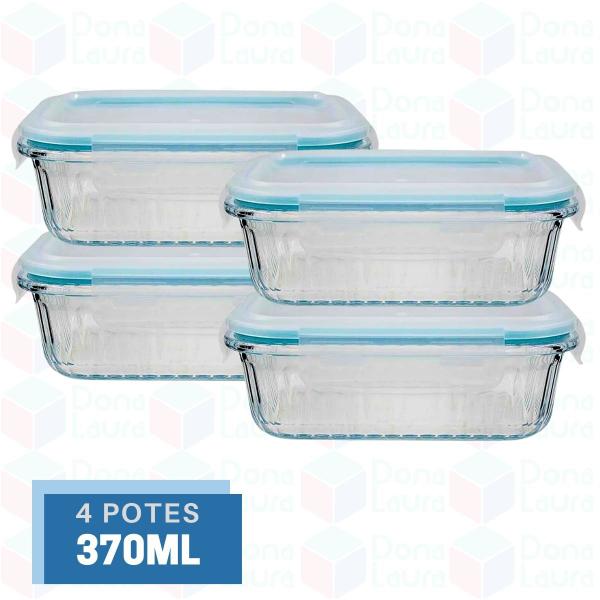 Imagem de 4Pç Pote Retangular Canelado 370ML Marmita Fit Frutas Lanches