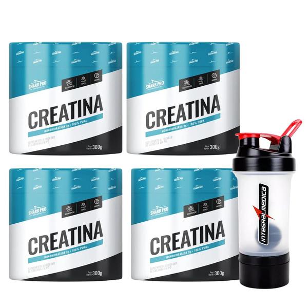 Imagem de 4x Creatina 100% Pura 300g Monohidratada - Shark Pro + Coqueteleira 2 Doses 450 ml Integralmedica