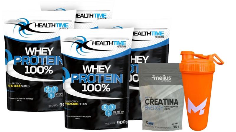 Imagem de 4X Whey Protein 100% 900g Health time (3,6 kg) + Creatina 300g + Coqueteleira Skaker 700ml - Health