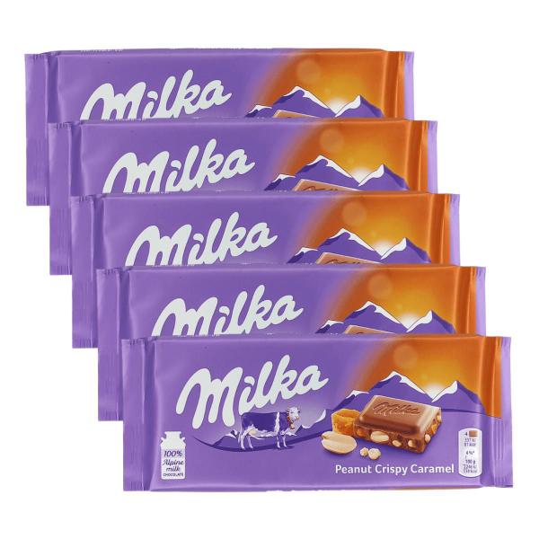 Imagem de 5 barras de chocolate milka ao leite com amendoim e caramelo