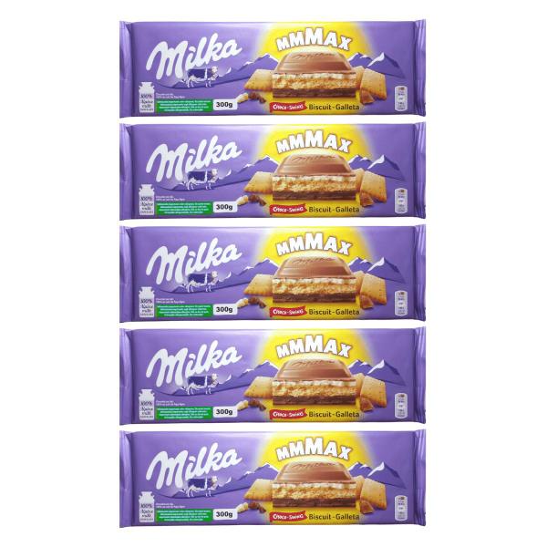 Imagem de 5 barras de chocolate milka com recheio de creme e biscoito